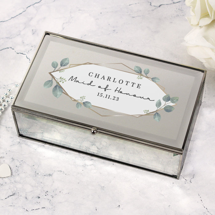 Personalised Botanical Maid Of Honour Mirrored Jewellery Box