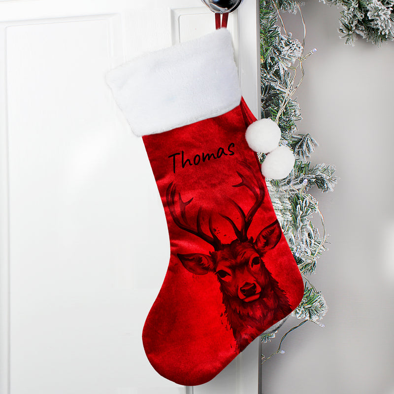 Personalised Stag Red Velvet Christmas Stocking