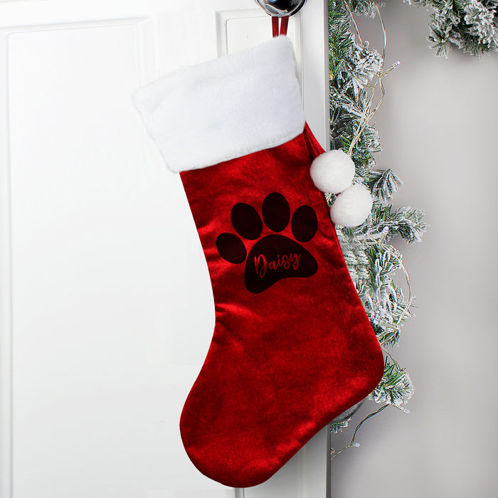 Personalised Pet Paw Print Red Velvet Christmas Stocking