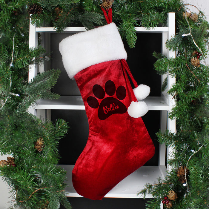 Personalised Pet Paw Print Red Velvet Christmas Stocking