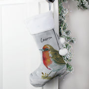 Personalised Robin Silver Grey Velvet Christmas Stocking