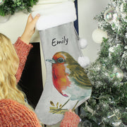 Personalised Robin Silver Grey Velvet Christmas Stocking