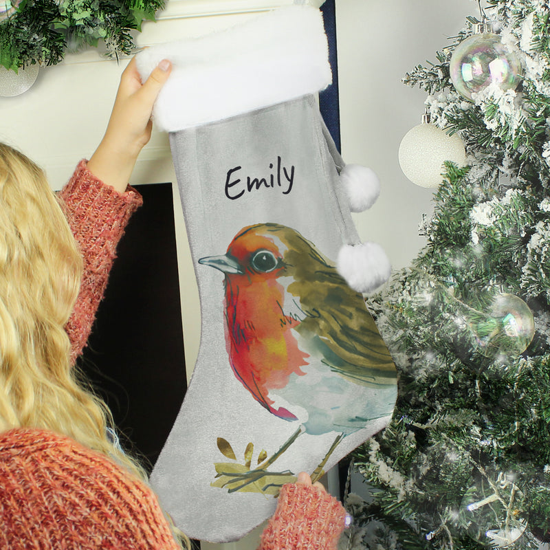 Personalised Robin Silver Grey Velvet Christmas Stocking