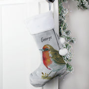 Personalised Robin Silver Grey Velvet Christmas Stocking