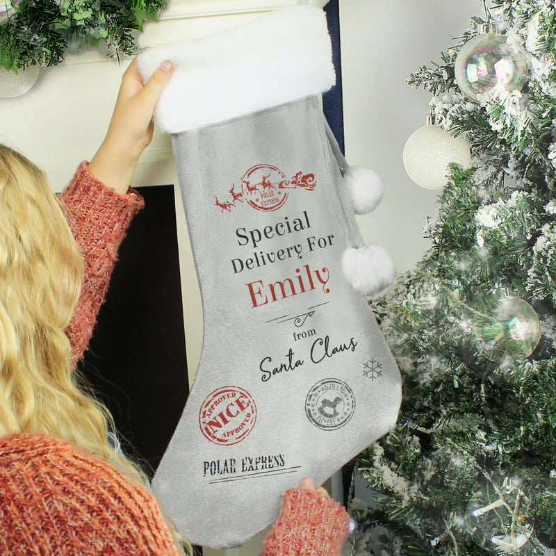Personalised Special Delivery Silver Grey Velvet Christmas Stocking