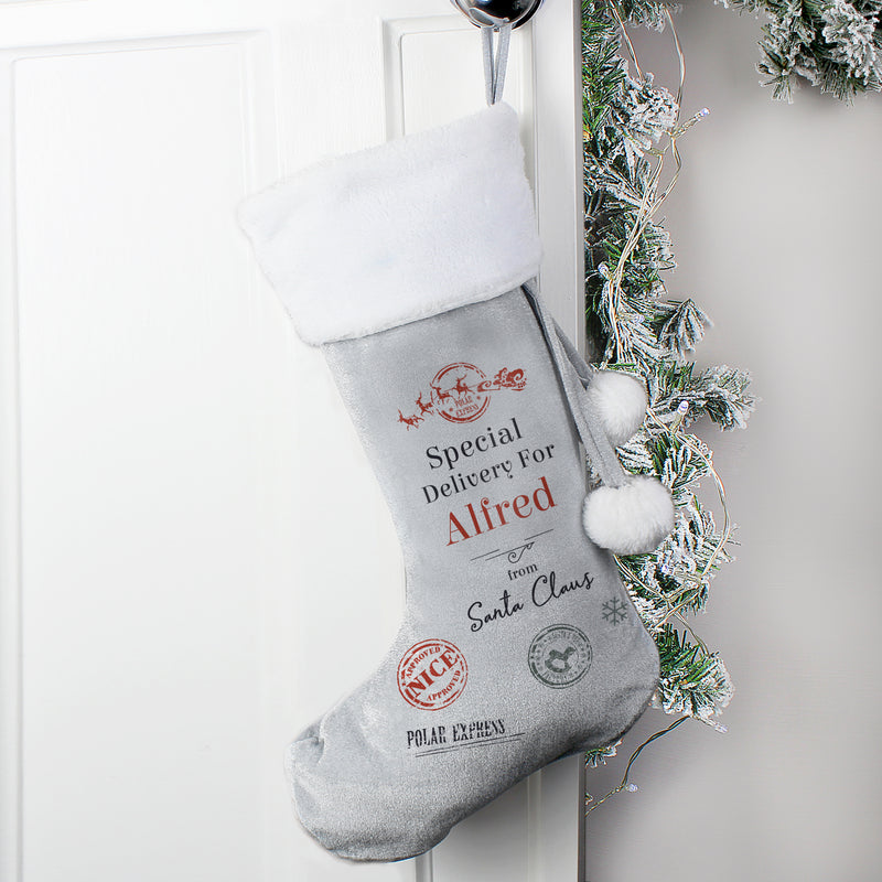 Personalised Special Delivery Silver Grey Velvet Christmas Stocking