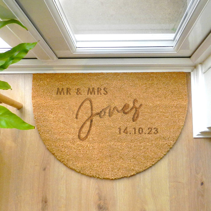 Personalised Mr And Mrs Wedding Gift Doormat - Half Moon