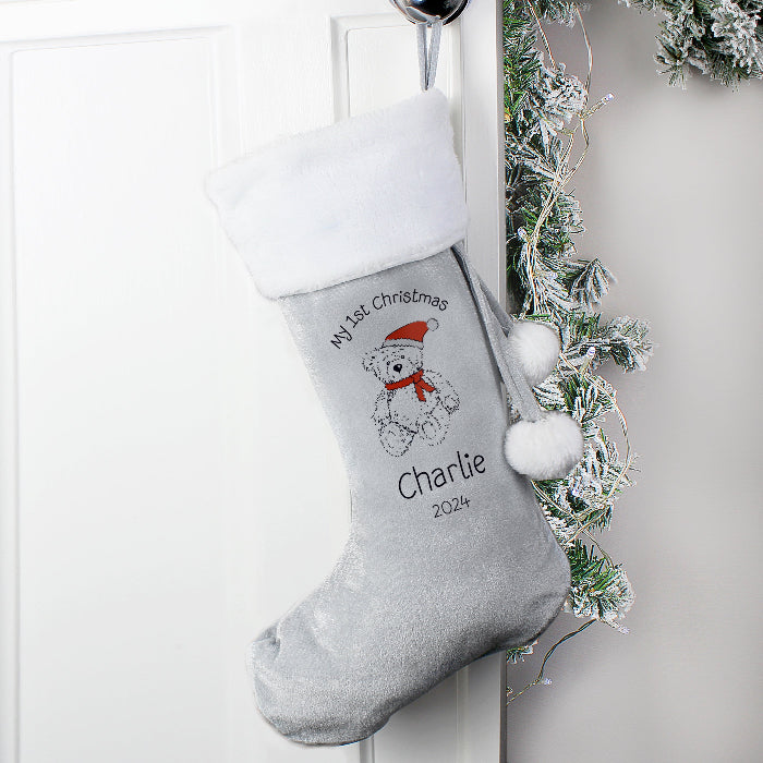 Personalised My 1st Christmas Teddy Silver Grey Velvet Stocking