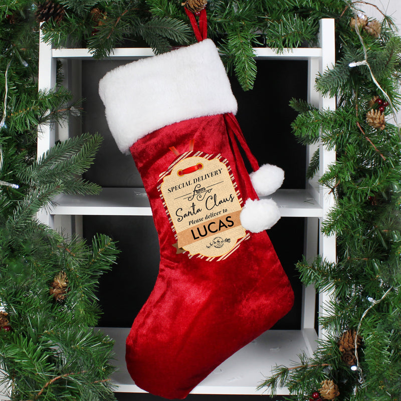 Personalised Special Delivery Red Velvet Christmas Stocking