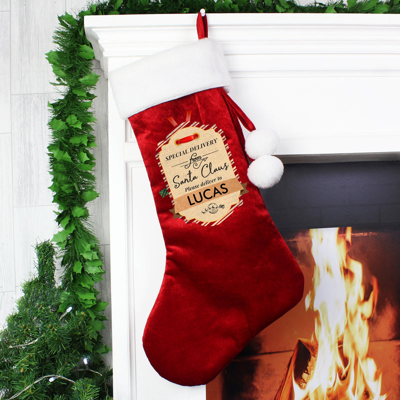 Personalised Special Delivery Red Velvet Christmas Stocking