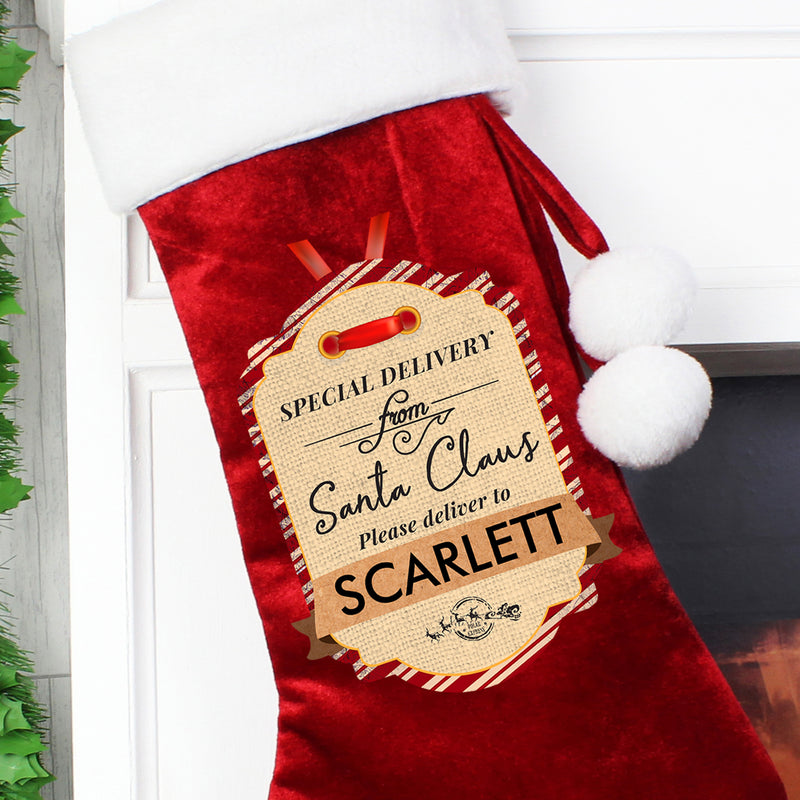 Personalised Special Delivery Red Velvet Christmas Stocking
