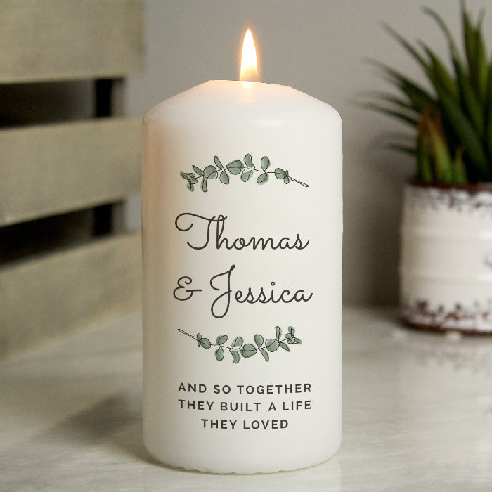 Personalised Botanical Wedding Pillar Candle