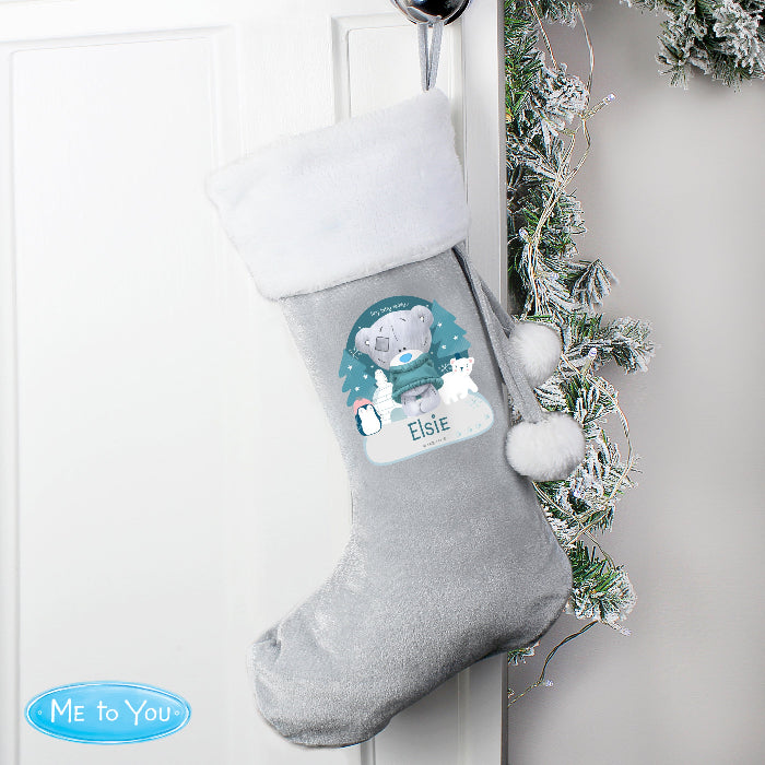 Personalised First Christmas Tiny Tatty Teddy Silver Grey Velvet Stocking