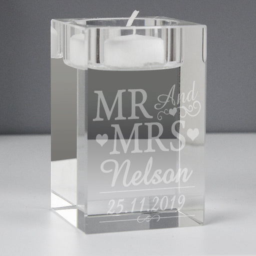 Personalised Mr & Mrs Wedding Glass Tea Light Candle Holder