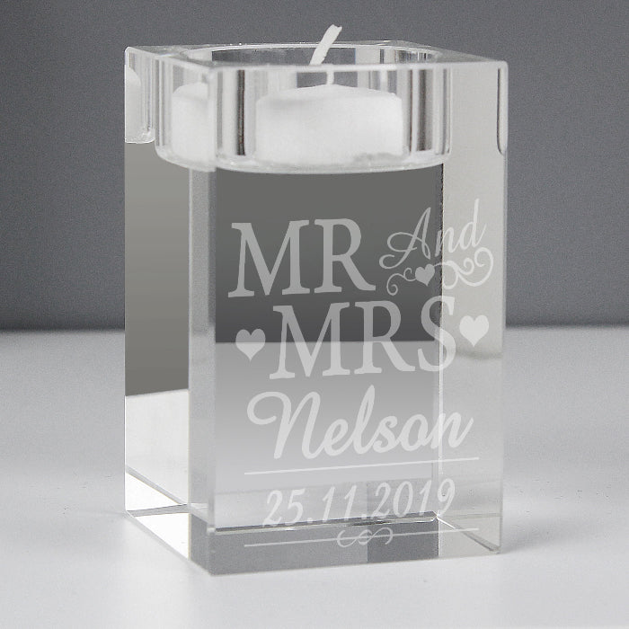 Personalised Mr & Mrs Wedding Glass Tea Light Candle Holder