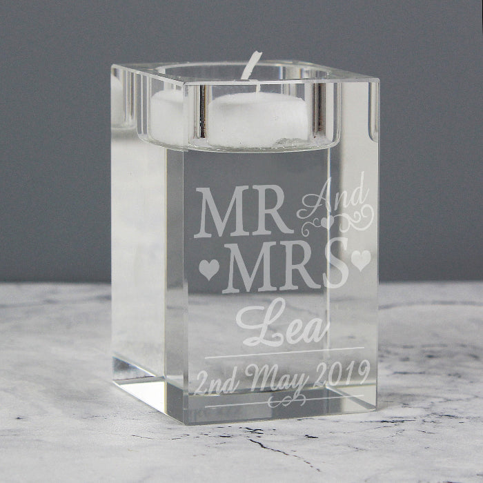 Personalised Mr & Mrs Wedding Glass Tea Light Candle Holder