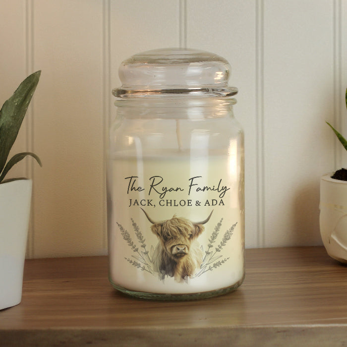 Personalised Highland Cow Large Candle Glass Jar