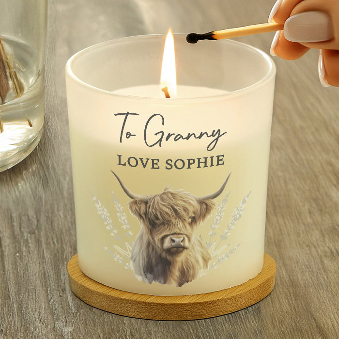 Personalised Highland Cow Frosted Glass Candle - Home Decor