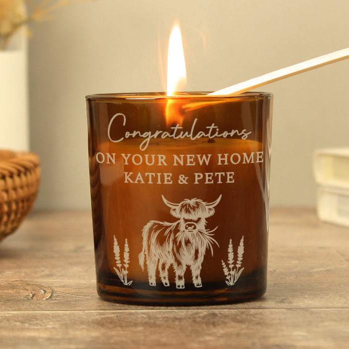 Engraved Highland Cow Amber Glass Candle - Home decor