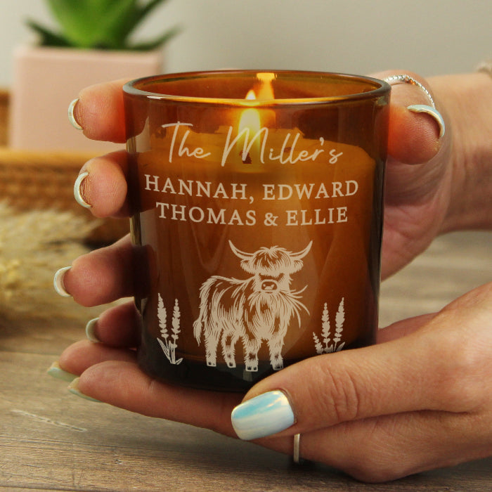 Engraved Highland Cow Amber Glass Candle - Home decor