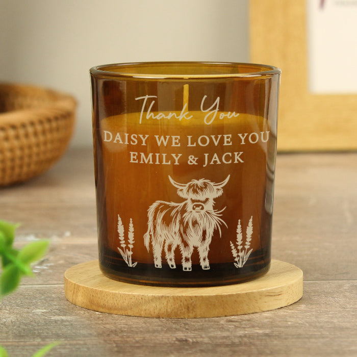 Engraved Highland Cow Amber Glass Candle - Home decor