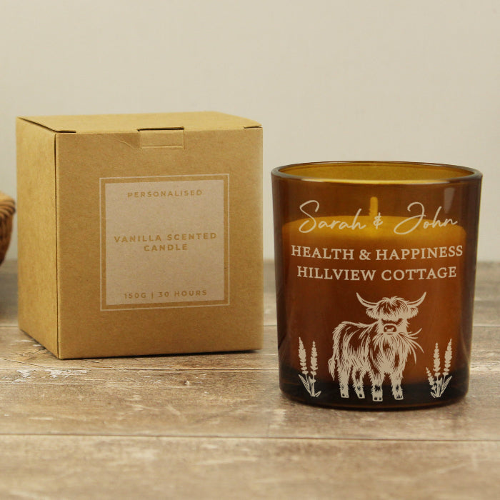 Engraved Highland Cow Amber Glass Candle - Home decor