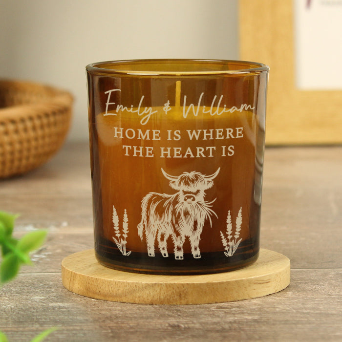 Engraved Highland Cow Amber Glass Candle - Home decor
