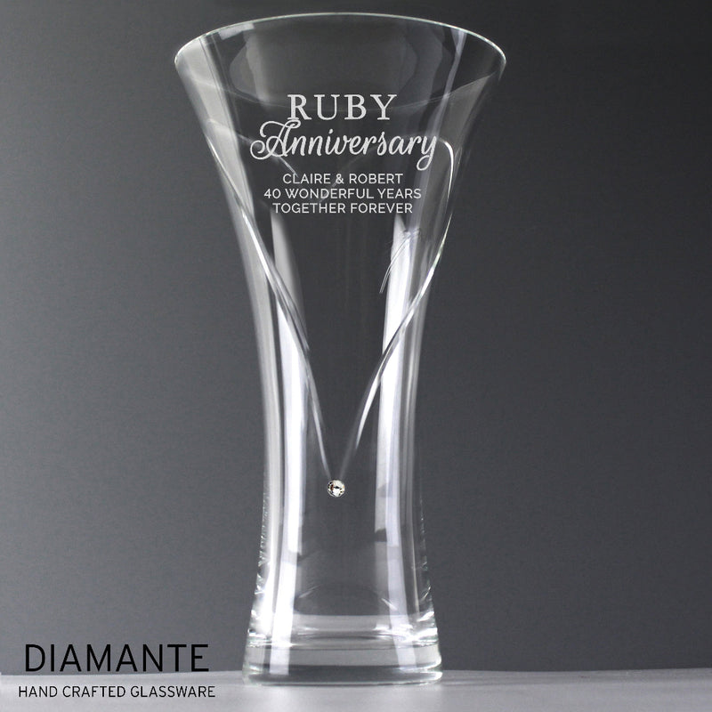 Engraved Ruby Anniversary Large Hand Cut Diamante Heart Vase