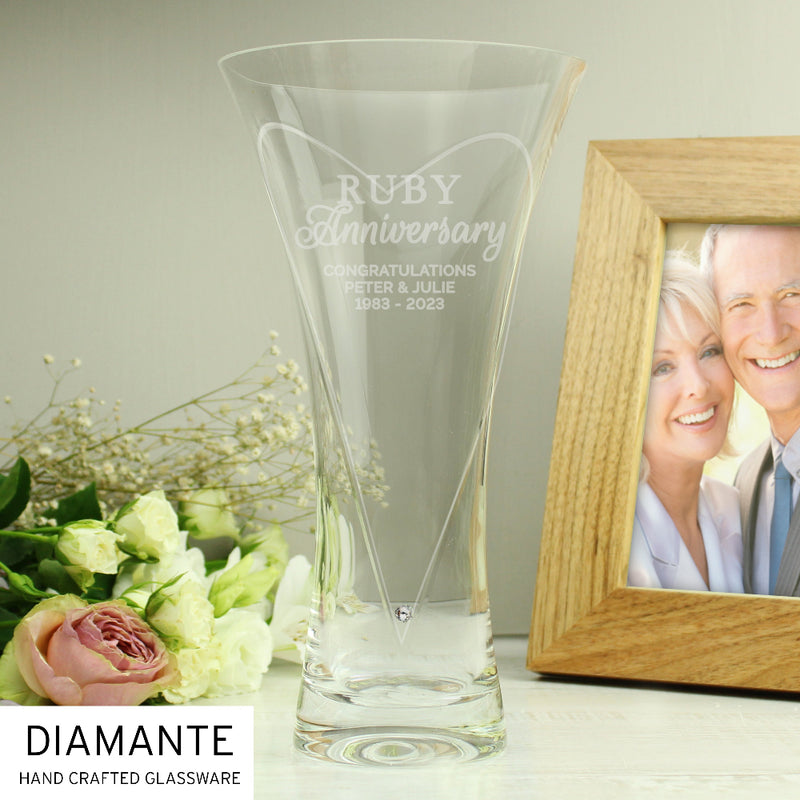 Engraved Ruby Anniversary Large Hand Cut Diamante Heart Vase