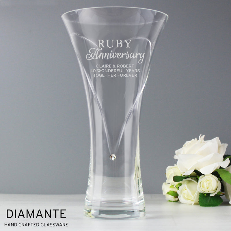 Engraved Ruby Anniversary Large Hand Cut Diamante Heart Vase