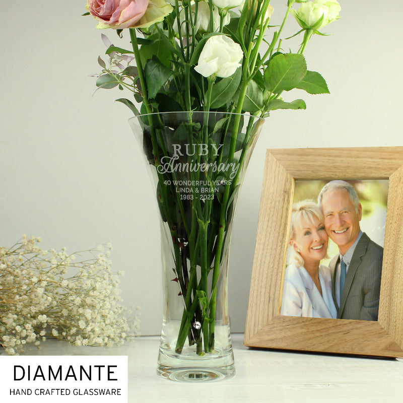 Engraved Ruby Anniversary Large Hand Cut Diamante Heart Vase
