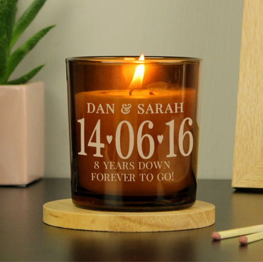 Personalised 8th Anniversary Amber Glass Candle