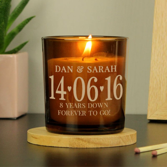 Personalised 8th Anniversary Amber Glass Candle