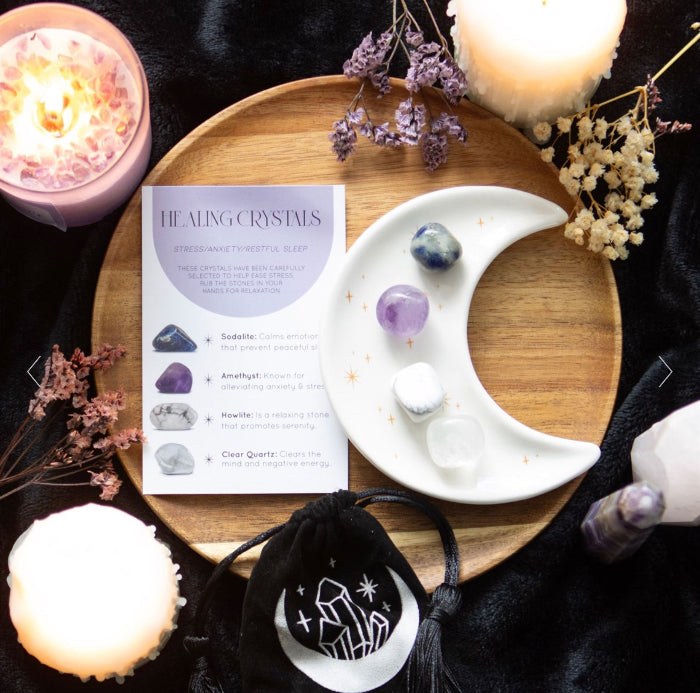 Stress Healing Crystal Set with Moon Trinket Dish