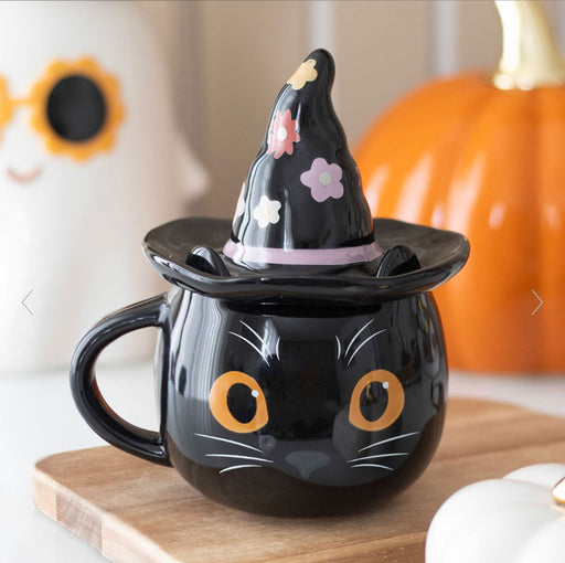 Groovy Witch Black Cat Lidded Mug - Gothic Homeware