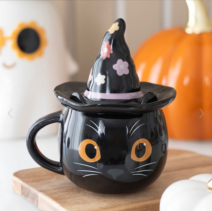 Groovy Witch Black Cat Lidded Mug - Gothic Homeware