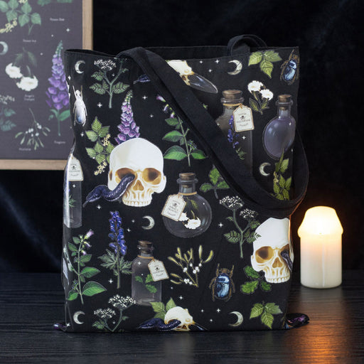 Gothic Venom & Vines Skull Print Tote Bag
