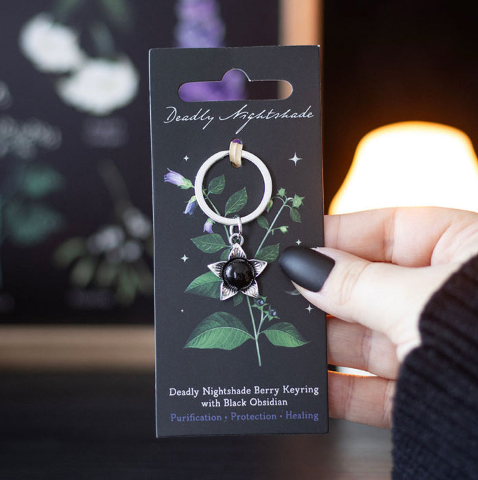 Gothic Deadly Nightshade Keyring with Black Obsidian