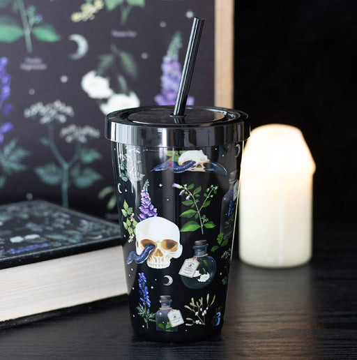 Gothic Venom & Vines Skull Print Drinking Tumbler with Straw