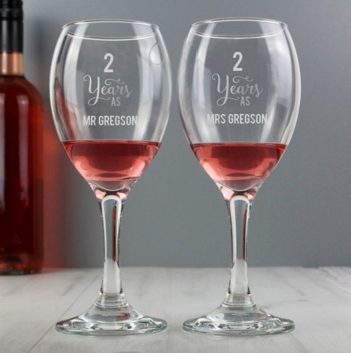 Engraved 2nd Wedding Anniversary Wine Glasses - 2 Years
