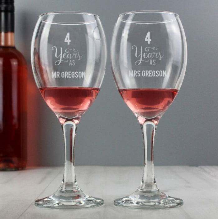 Engraved 4th Wedding Anniversary Wine Glasses - 4 Years