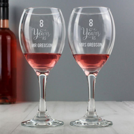 Engraved 8th Wedding Anniversary Wine Glasses - 8 Years