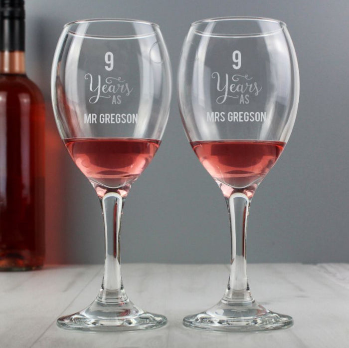 Engraved 9th Wedding Anniversary Wine Glasses - 9 Years