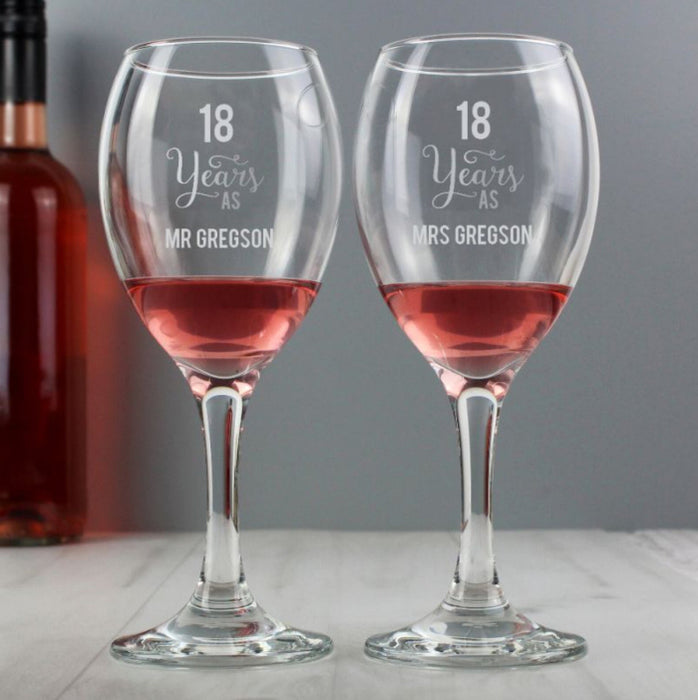 Engraved 18th Wedding Anniversary Wine Glasses - 18 Years 