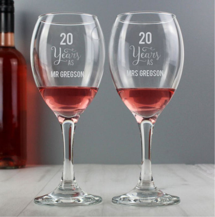 Engraved 20th Wedding Anniversary Wine Glasses - 20 Years