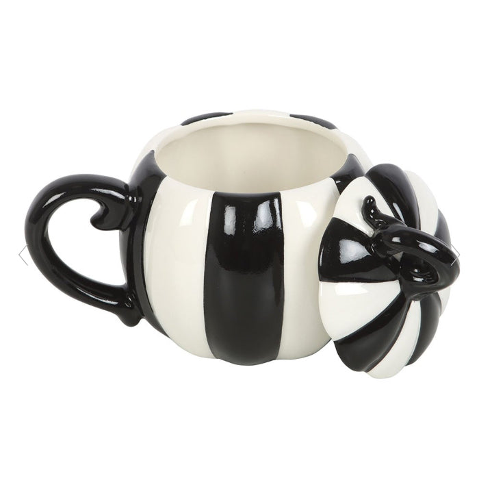 Black and White Striped Pumpkin Lidded Mug - Novelty Gothic Mug