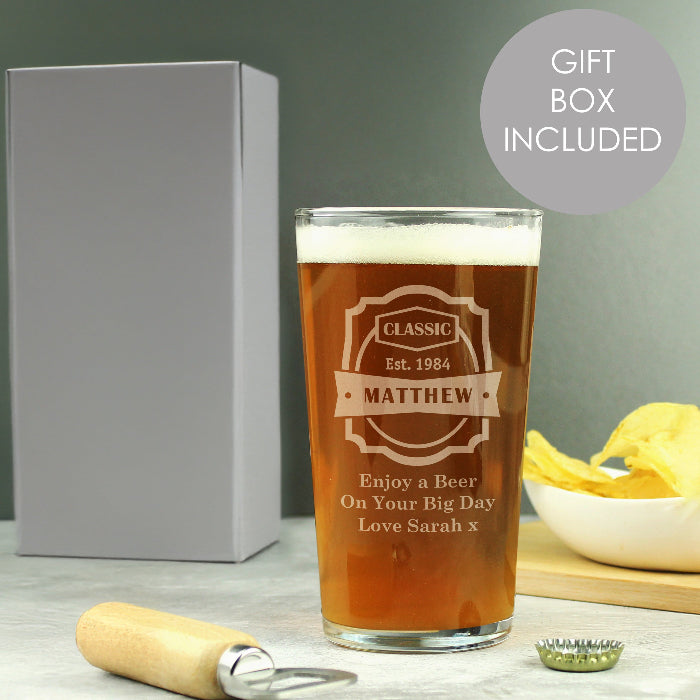 Engraved Classic Established Birthday Pint Glass & Gift Box