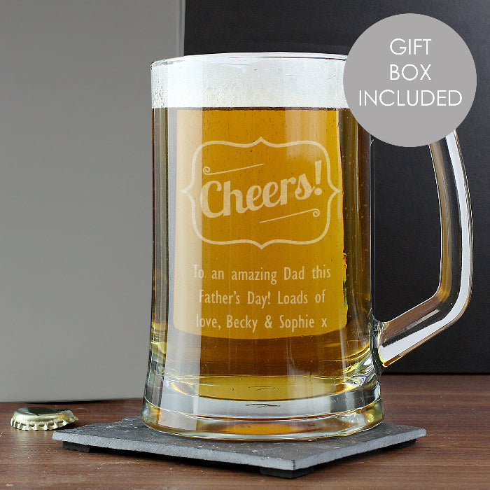 Engraved Cheers Pint Tankard Glass & Gift Box