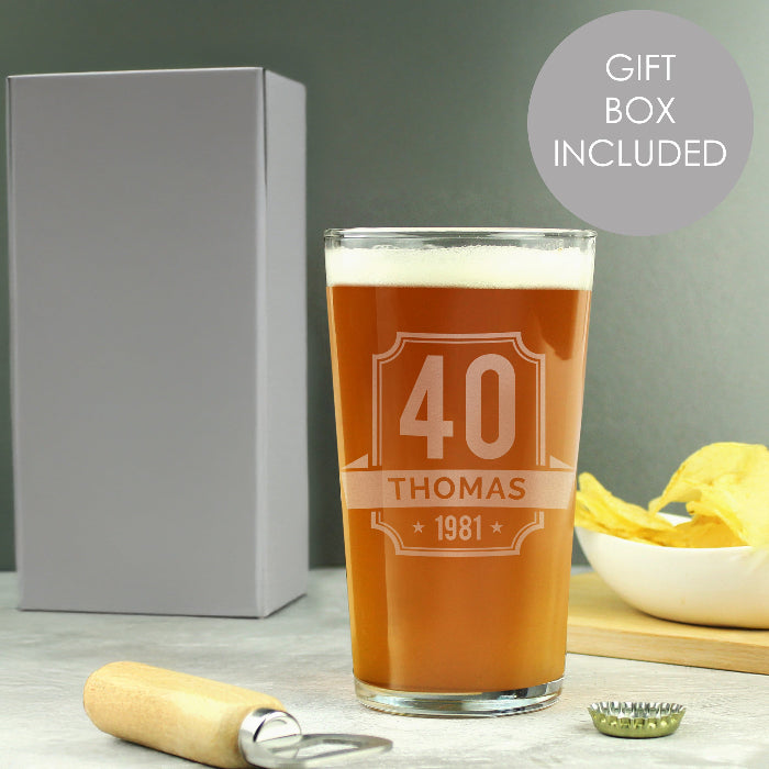 40th Birthday Pint Glass - Personalised