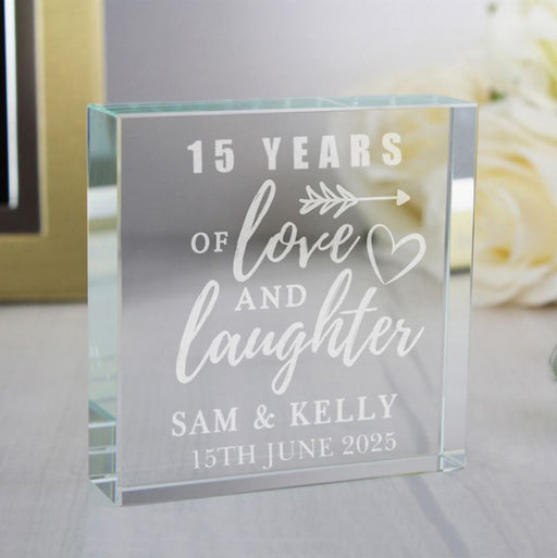 15th Anniversary Crystal Glass Block - 15 Years Of Love & Laughter